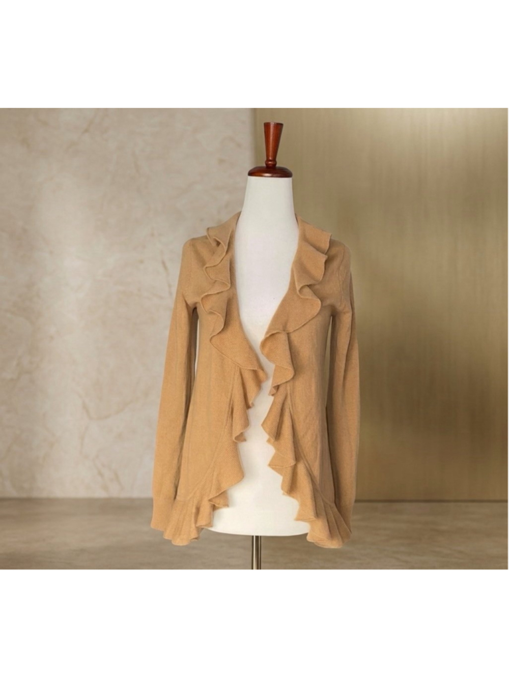 Neiman Marcus 100% Cashmere Ruffle-Trim Open Front Cardigan XS Camel Tan Luxury